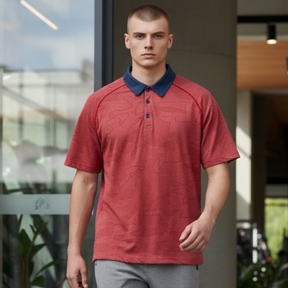 UNRL Golf Mens Red Camo‎ Jacquard Polo Shirt Navy Collar Size Large L